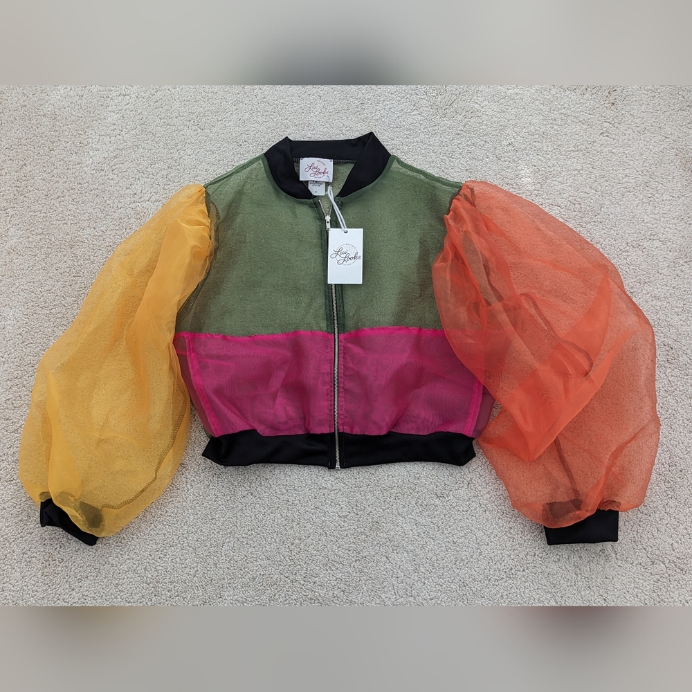 LUV Looks sheer color block bomber jacket with pouffy sleeves M NWT